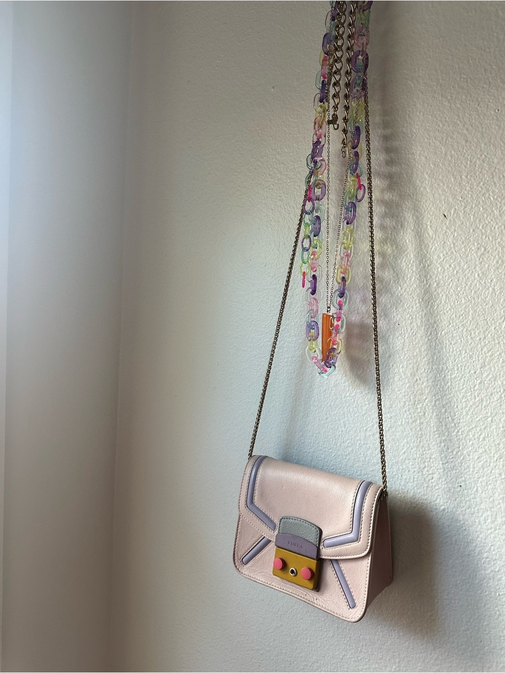 Furla Pale Pink Leather Crossbody with Lilac Trim and Gold Chain
